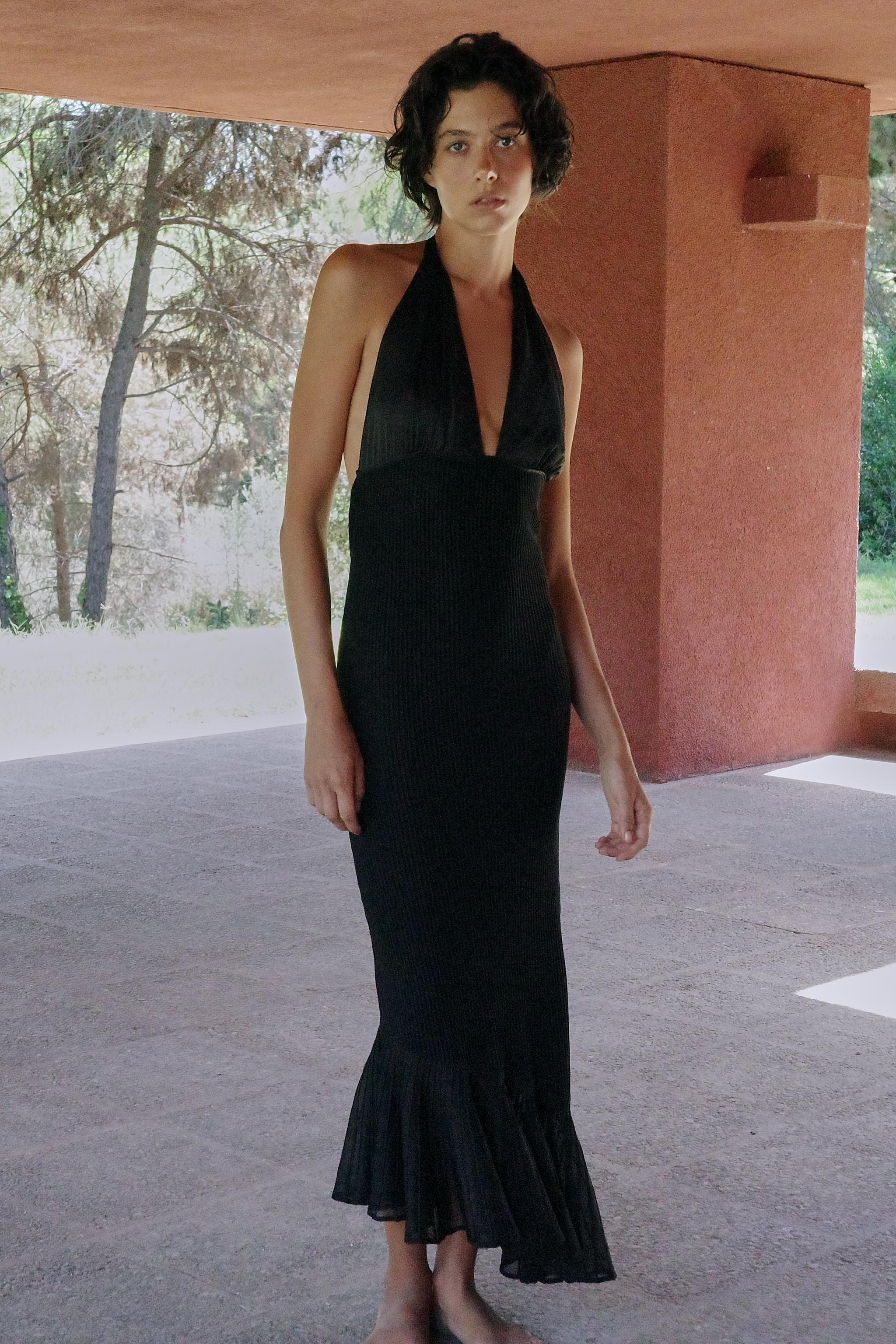 MIXED KNIT HALTER DRESS